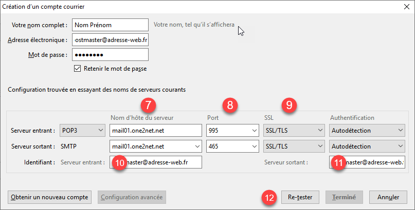 Paramétrage Thunderbird : étape 4