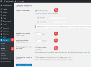 Options de lecture dans l'nterface WordPress en mode blog