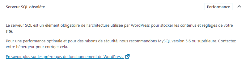 WordPress serveur SQL obsolète