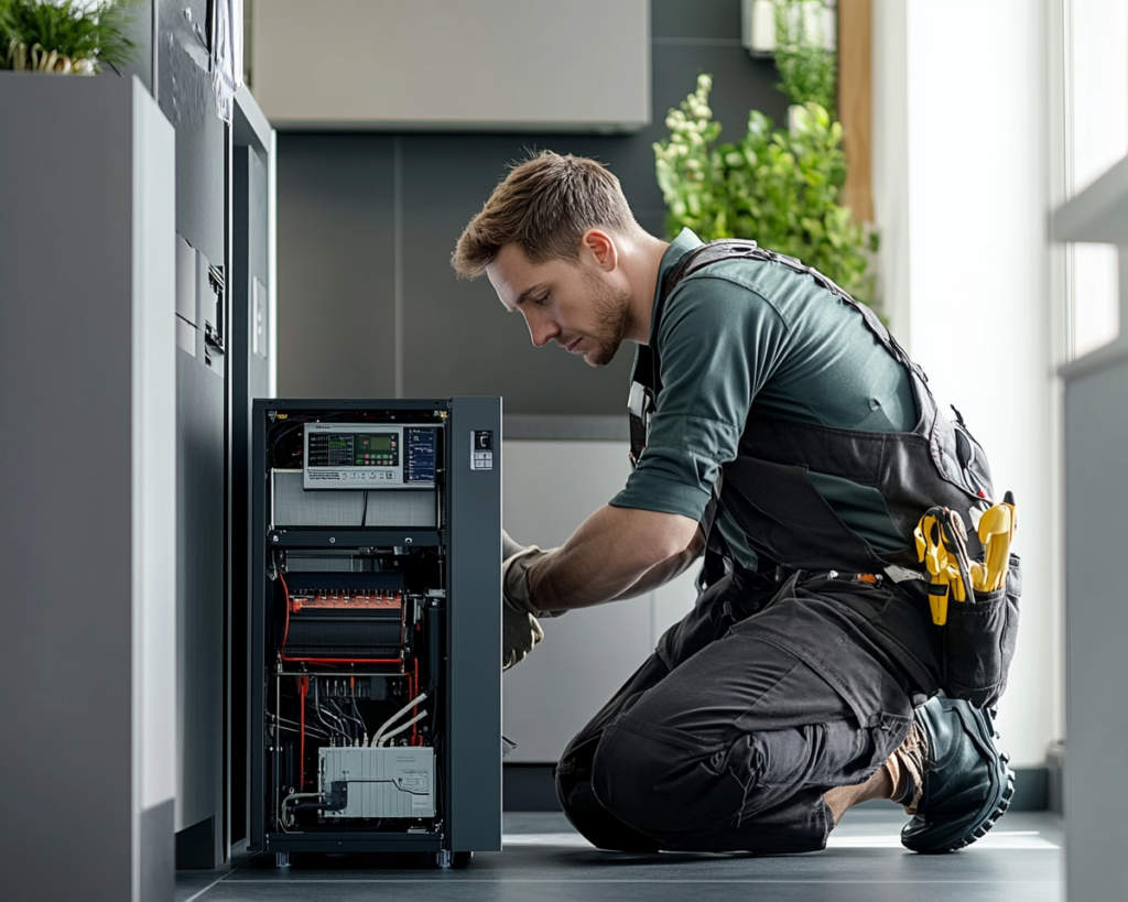 Illustration d'un chauffagiste installant un système de chauffage moderne dans un intérieur professionnel, symbolisant l'innovation et la qualité des services proposés.