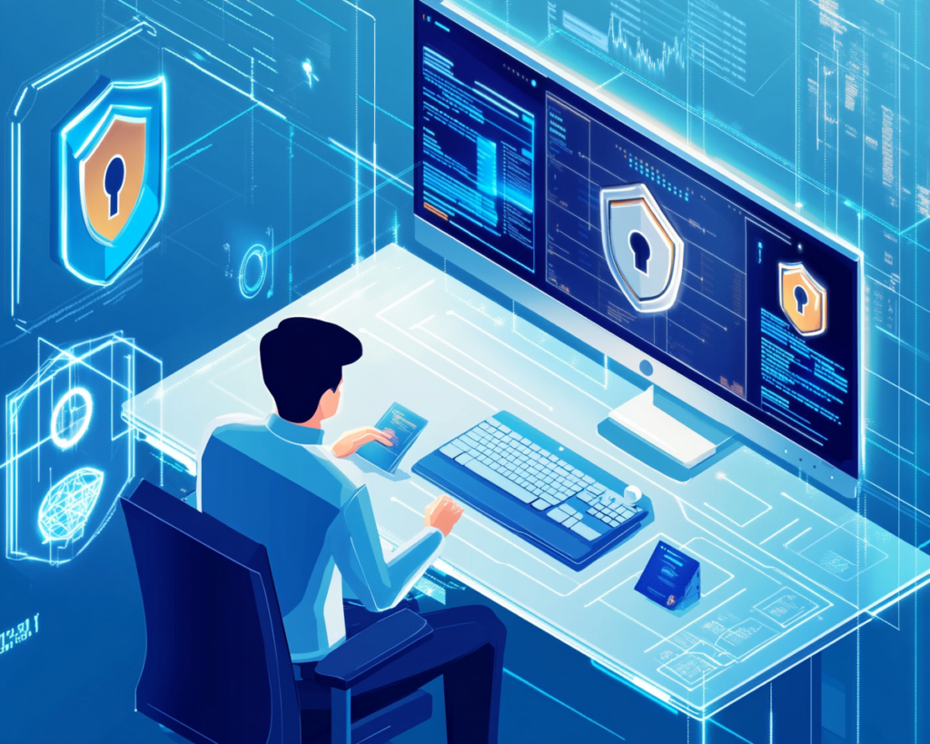 Un technicien en cybersécurité assis devant un bureau futuriste avec des écrans affichant des symboles de sécurité comme des boucliers et cadenas, symbolisant un service d'assistance cybersécurité professionnel et moderne.