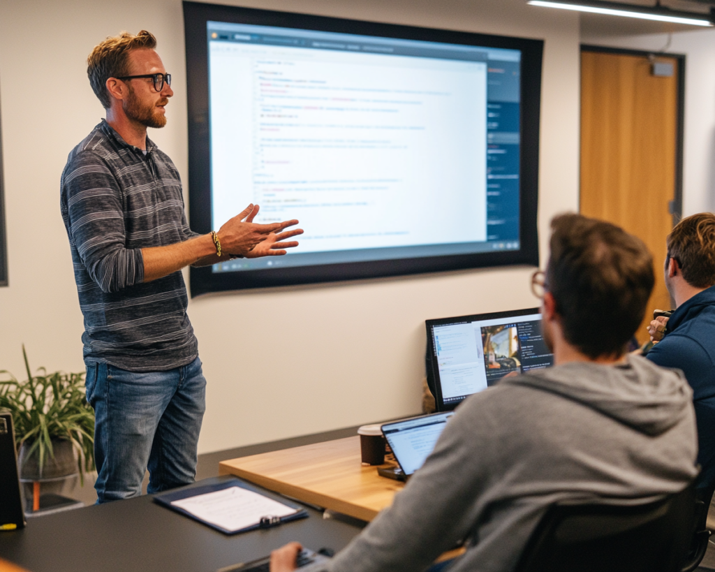 Un formateur professionnel animant un atelier interactif dans une salle moderne