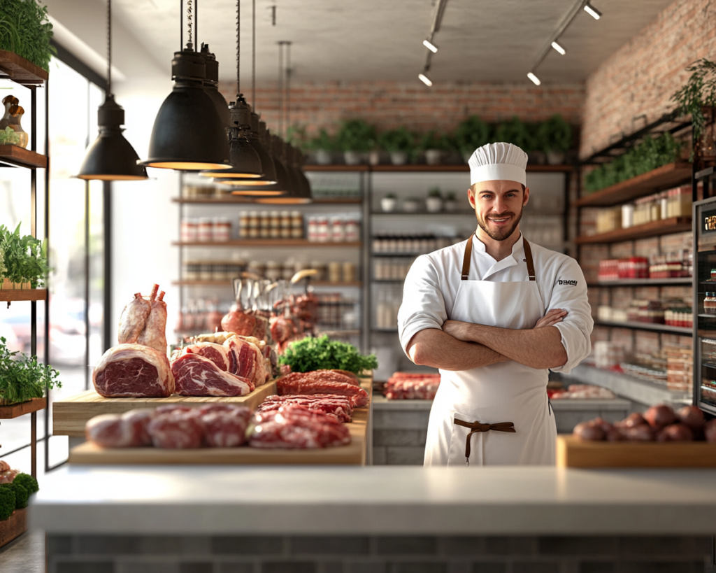 Illustration d'un boucher dans sa boutique, présentant des viandes de qualité pour accompagner un article sur les noms de domaine adaptés aux bouchers.