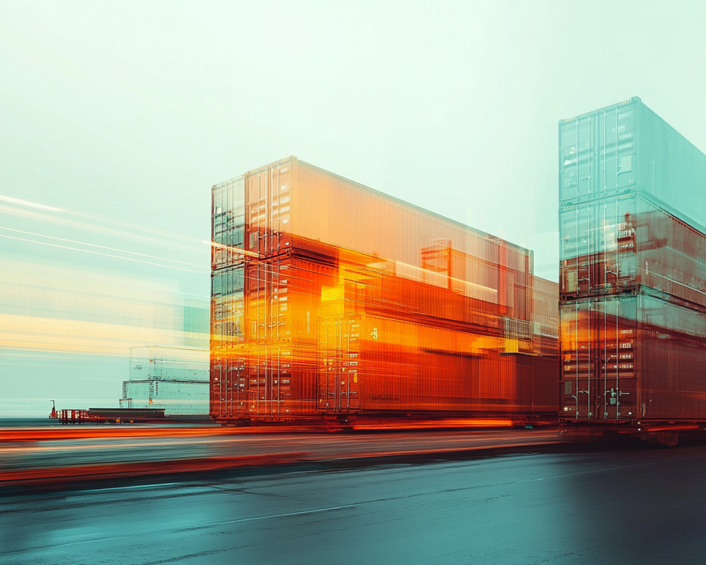 Illustration réaliste de la logistique moderne, montrant des camions, des fourgonnettes de livraison et des cargos en mouvement, symbolisant l'efficacité et la fiabilité dans le transport.
