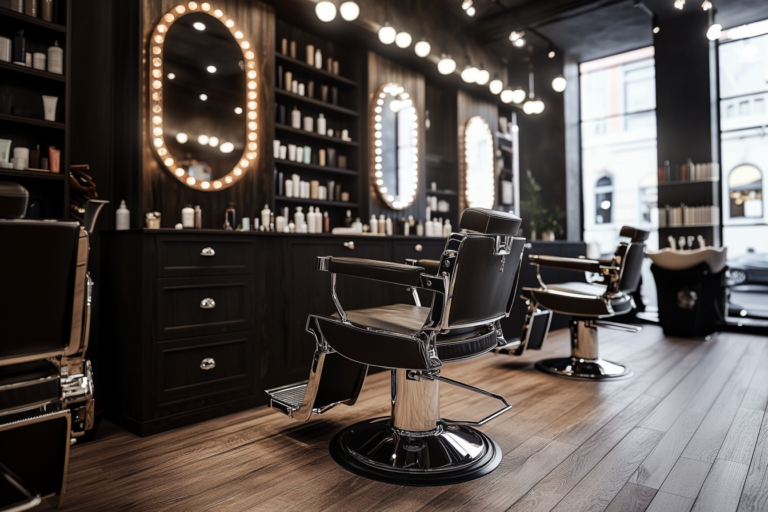 Un salon de barbier moderne et lumineux, avec fauteuil en cuir vintage, miroirs éclairés, outils professionnels bien rangés, et un barbier concentré en train de raser un client.