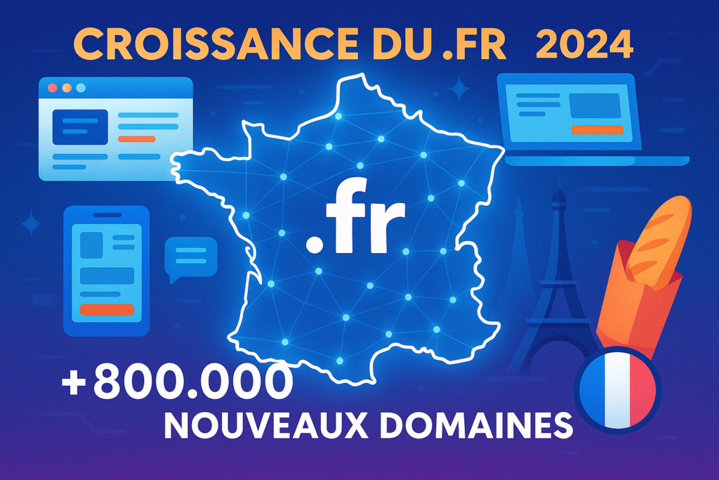 Illustration numérique vibrante représentant la croissance du domaine .fr en 2024, avec une carte stylisée de la France ornée de nœuds interconnectés symbolisant plus de 800 000 nouveaux noms de domaine, intégrant des icônes modernes de technologie et des éléments culturels français.