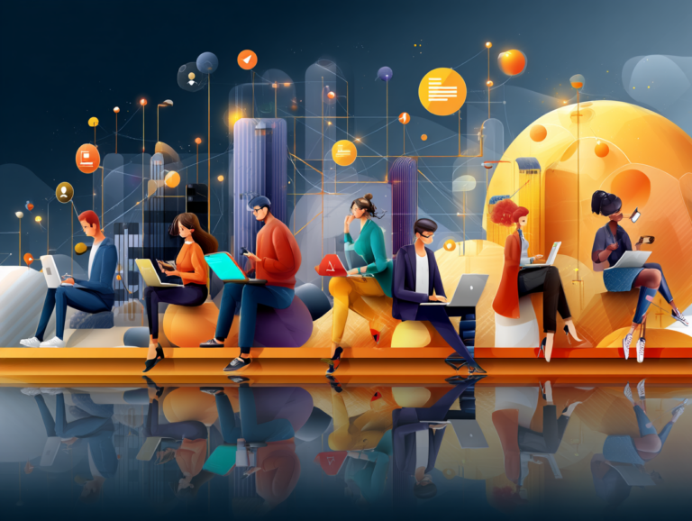 Illustration vibrante de professionnels travaillant sur des ordinateurs et smartphones, entourés d'icônes de sites web et de noms de domaine, dans une ville moderne avec des connexions numériques lumineuses, symbolisant l'importance d'une présence en ligne.