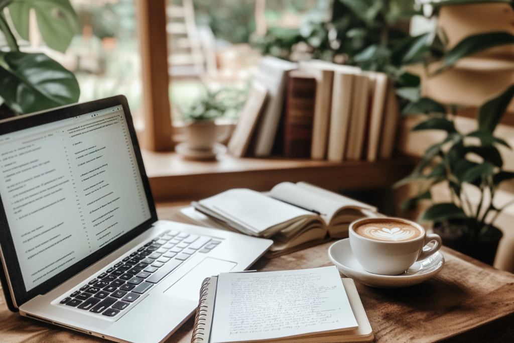 L'espace de travail lumineux et accueillant d'un écrivain, avec un ordinateur portable ouvert sur un manuscrit, une tasse de café, un carnet de notes manuscrites et quelques livres en arrière-plan.