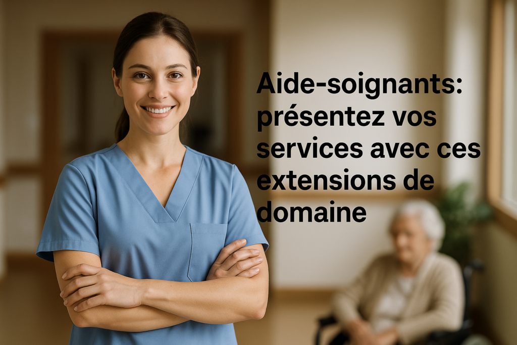 Aide-soignante souriante en blouse médicale dans un établissement de soins, avec une patiente en arrière-plan