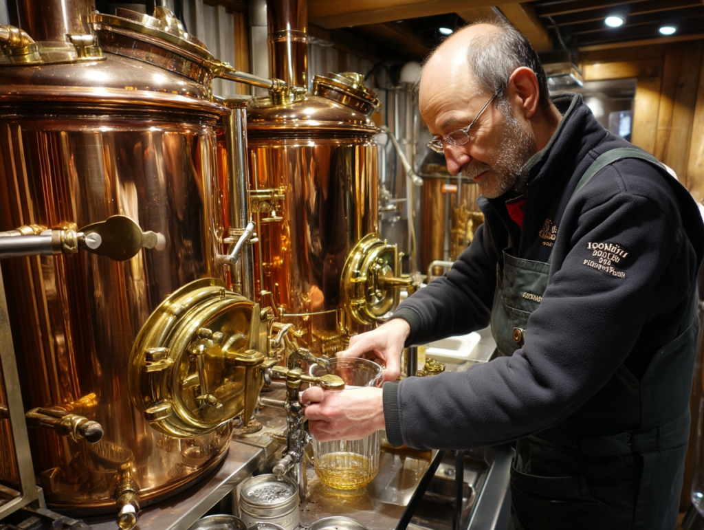 Brasseur artisanal en action dans une microbrasserie chaleureuse, entouré de cuves en cuivre