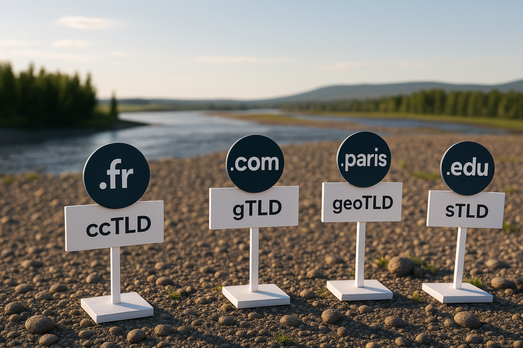 Panneaux illustrant les types d’extensions de domaine : .fr (ccTLD), .com (gTLD), .paris (geoTLD), .edu (sTLD)