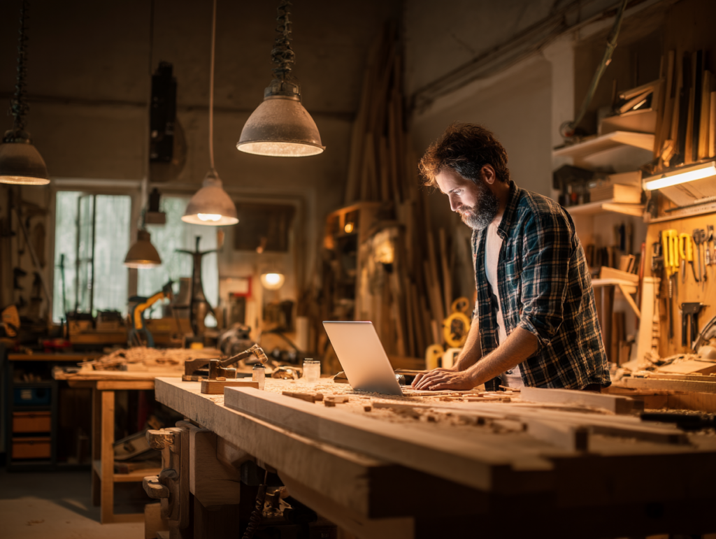 Artisan ébéniste dans son atelier créant un site internet professionnel, entouré de ses outils et créations en bois.