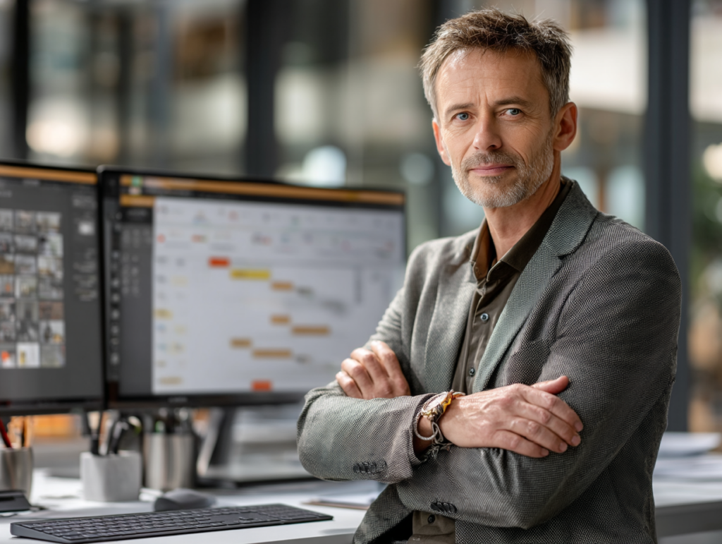 Chef de projet informatique devant des écrans