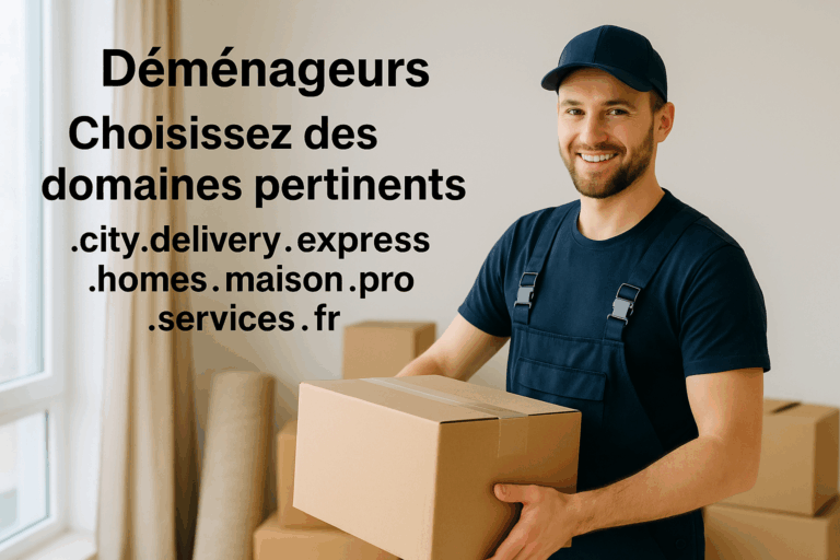 Monteur en uniforme tenant un carton dans un int\u00e9rieur lumineux, avec des domaines pertinents affichés pour les professionnels du déménagement