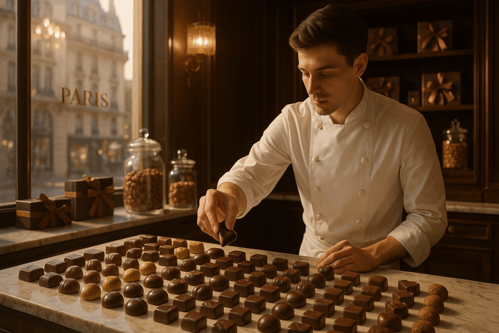 Scène ultra-réaliste d’une boutique de chocolaterie parisienne de luxe, avec un comptoir en marbre présentant des bonbons de chocolat brillants, un chocolatier concentré plaçant un cœur en chocolat, et des étagères élégantes remplies de boîtes raffinées et de bocaux de cacao, dans une ambiance sophistiquée.