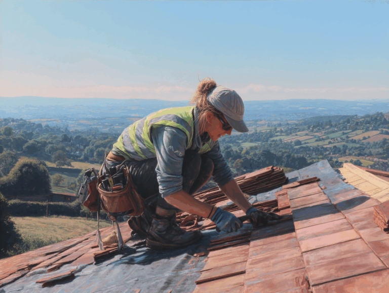 Une couvreuse en tenue de travail, portant un gilet de sécurité jaune et un casque, pose des tuiles rouges sur un toit en pente. Elle est équipée d'une ceinture à outils et travaille sous un ciel clair avec une vue panoramique sur des collines verdoyantes et des champs en arrière-plan.