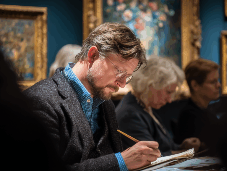 Critique d’art en pleine observation dans une galerie, analysant une œuvre impressionniste avec sérieux et concentration, carnet en main.