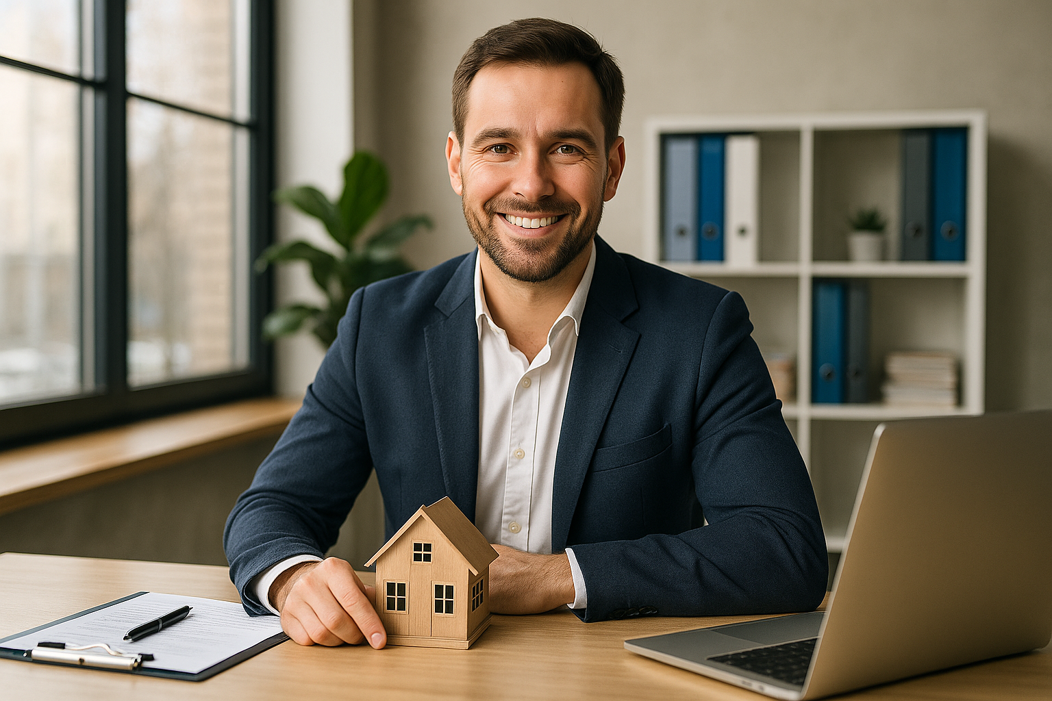 Portrait d’un courtier immobilier souriant dans un bureau moderne, assis à son bureau avec une maquette de maison, un ordinateur portable et un bloc-notes.