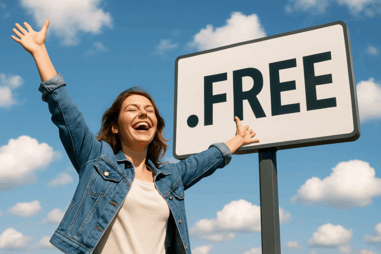 Image d'une jeune femme souriante levant les bras au ciel à côté d’un panneau .FREE, sous un ciel bleu parsemé de nuages, symbolisant la liberté et l’accessibilité numérique.