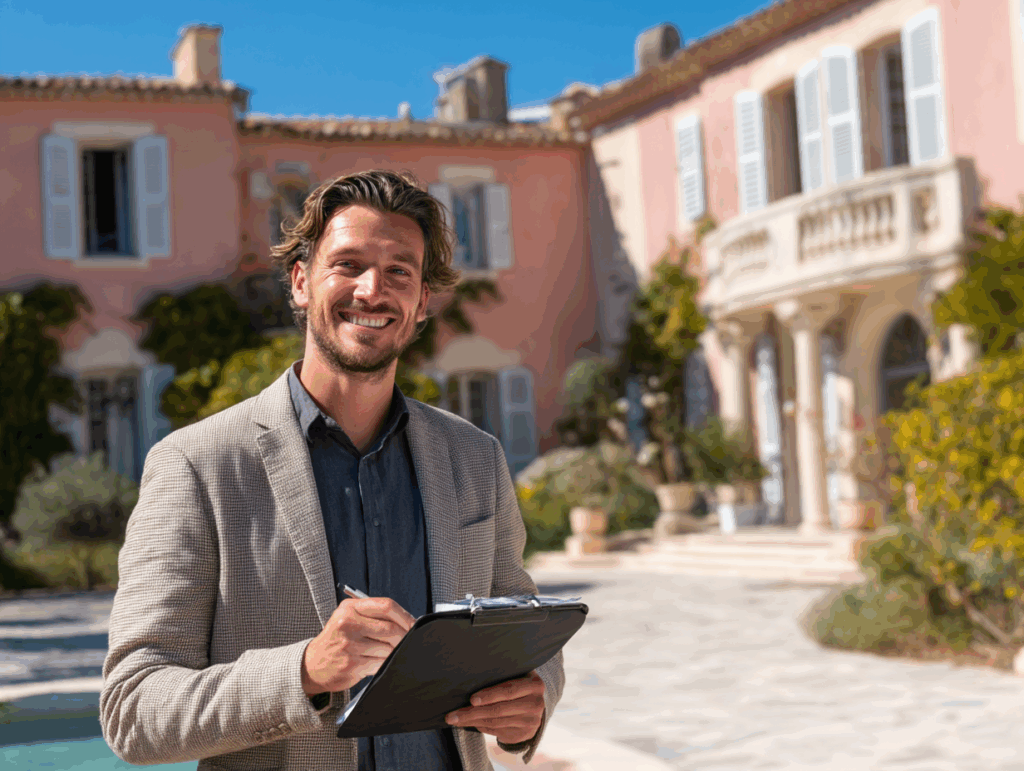 Gérant souriant devant une villa touristique, tenant une clé et une tablette,