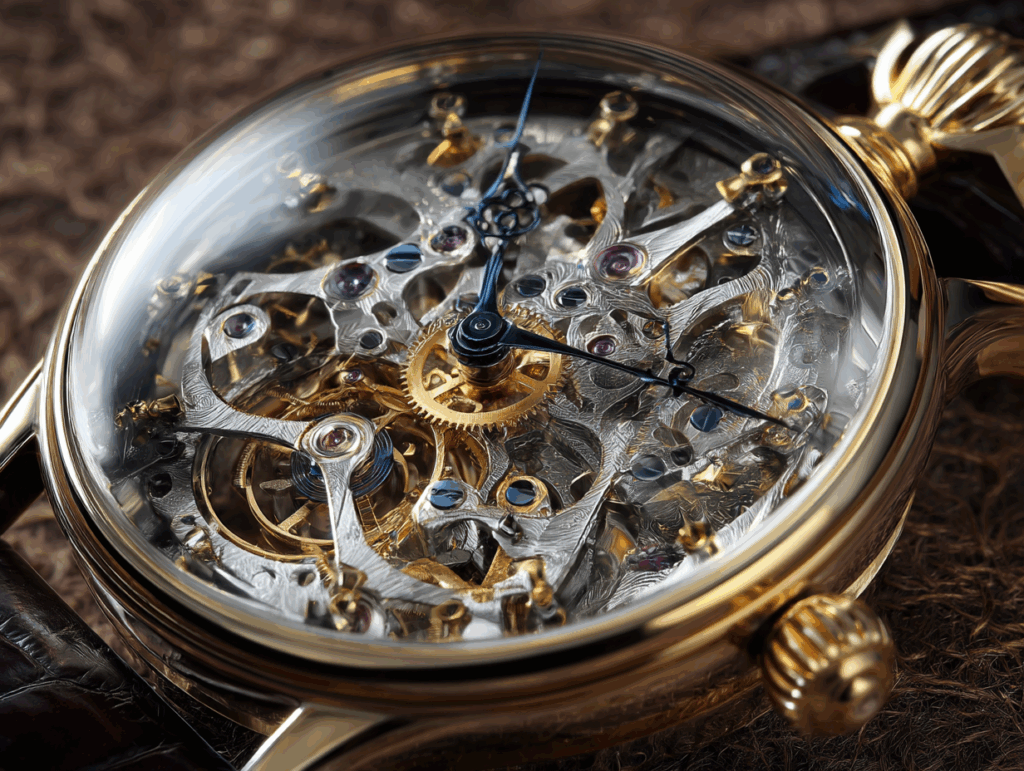 Gros plan sur une montre squelette de luxe révélant un mécanisme complexe en or et acier avec aiguilles bleues sur fond texturé.