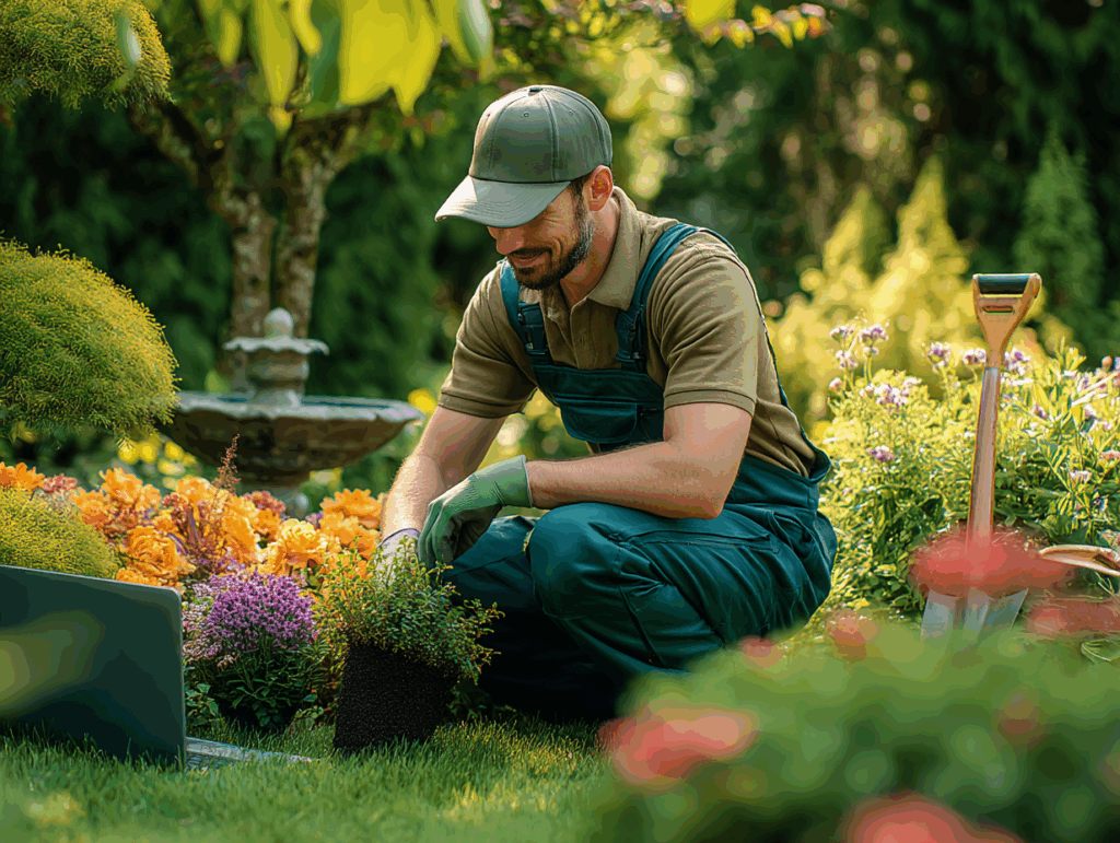 Jardinier professionnel en tenue verte, accroupi dans un jardin, utilisant un ordinateur portable entouré de plantes et d’outils, illustrant sa présence digitale.