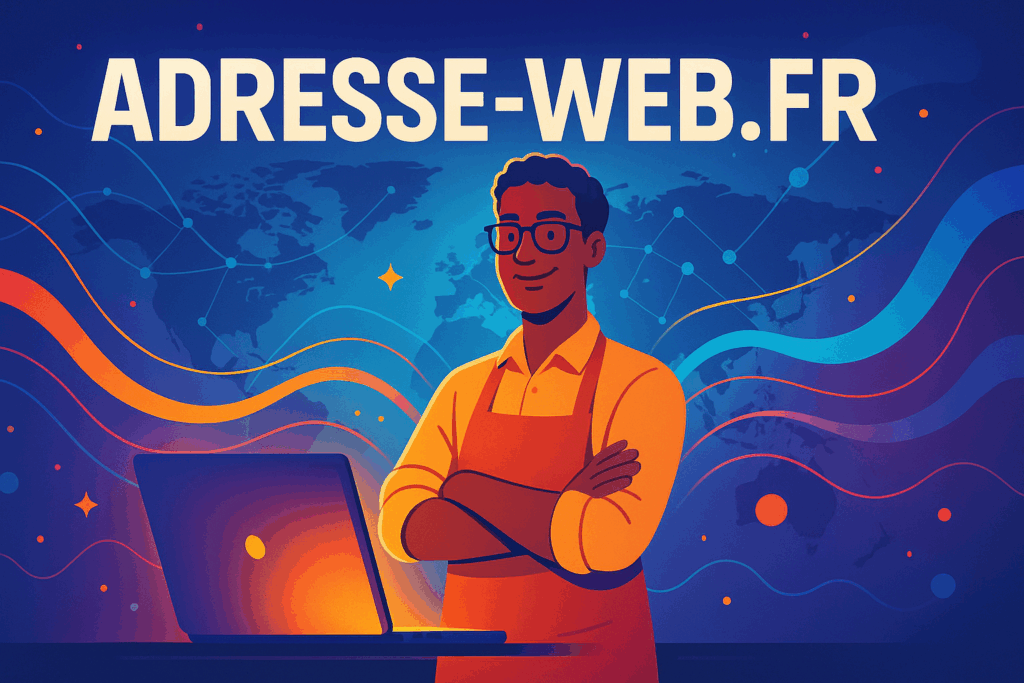 Illustration moderne d’un entrepreneur devant un ordinateur portable, avec un nom de domaine stylisé flottant au-dessus, entouré de vagues de communication et d’une carte mondiale, symbolisant la présence en ligne.