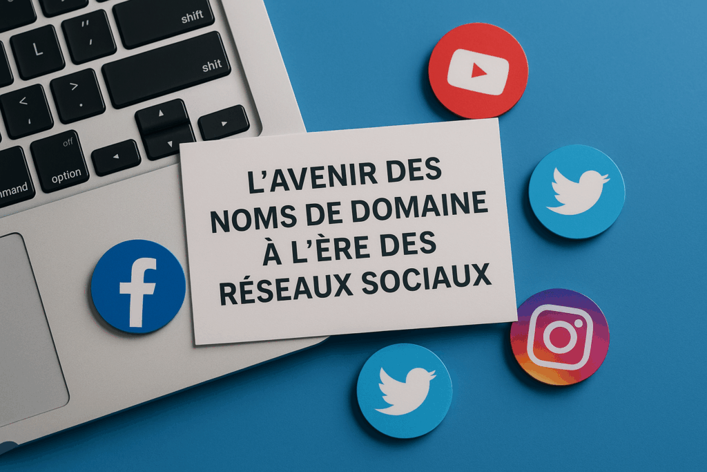 Carte avec l’inscription 'L’avenir des noms de domaine à l’ère des réseaux sociaux' posée sur un ordinateur portable, entourée des icônes de Facebook, Twitter, Instagram et YouTube