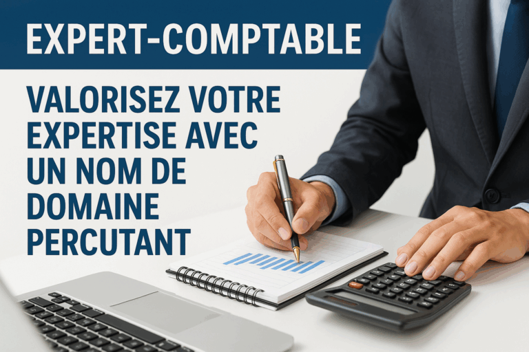 Une personne en costume travaille à un bureau avec un ordinateur portable, une calculatrice et un carnet contenant un graphique à barres. Texte en français : "EXPERT-COMPTABLE VALORISEZ VOTRE EXPERTISE AVEC UN NOM DE DOMAINE PERCUTANT".