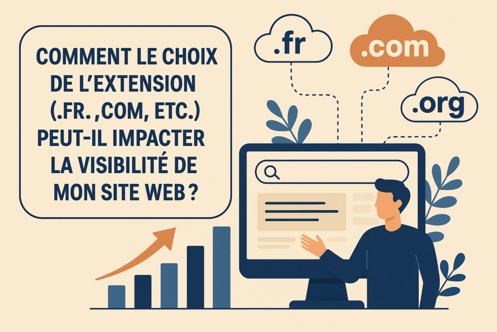 Illustration d'un homme devant un ordinateur avec un graphique de croissance et des extensions de domaine (.fr, .com, .org) dans des nuages, accompagnée du texte "Comment le choix de l'extension (.fr, .com, etc.) peut-il impacter la visibilité de mon site web ?
