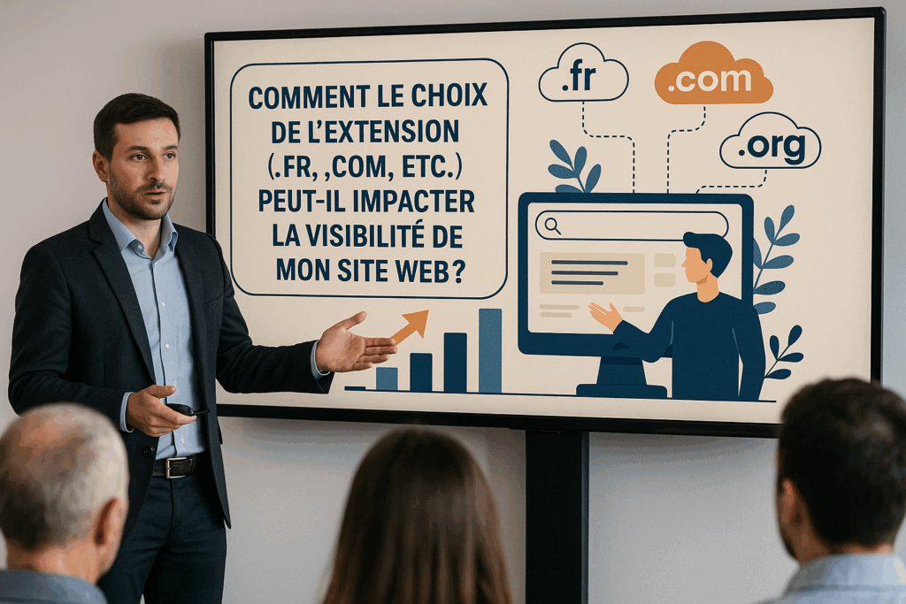 Image d'un homme en costume donnant une présentation devant un écran affichant un graphique de croissance et un ordinateur avec un homme animé, entouré de nuages représentant les extensions de domaine .fr, .com et .org, tandis qu'un petit groupe de personnes regarde la présentation.