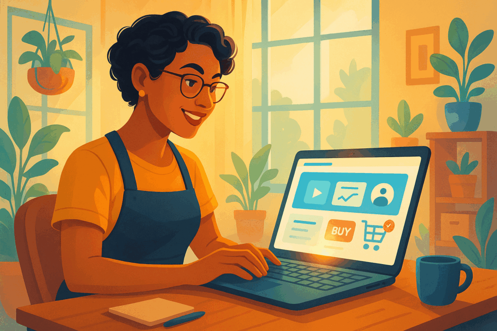 Entrepreneure travaillant depuis chez elle sur un site e-commerce, interface d’achat en ligne visible à l’écran, ambiance chaleureuse et décor végétal — télétravail, vente en ligne, entrepreneuriat féminin
