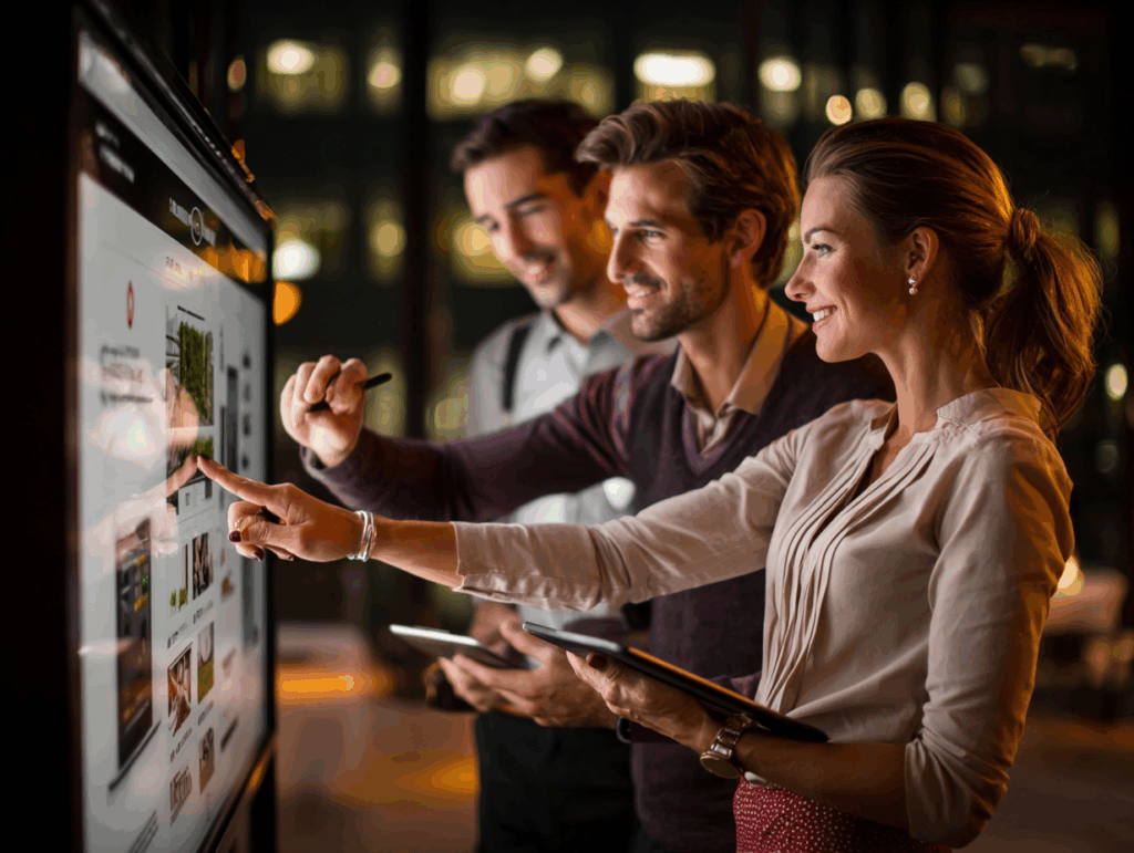 Trois jeunes professionnels collaborent autour d'un écran tactile interactif dans un bureau moderne de nuit, consultant une interface web — travail d'équipe, technologie interactive, marketing digital, innovation.
