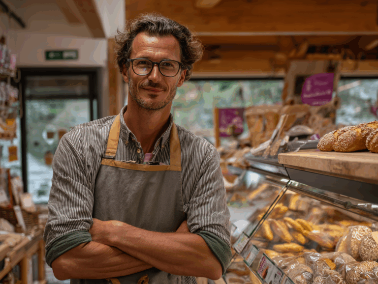 Portrait chaleureux d’un épicier souriant dans sa boutique artisanale, entouré de légumes frais, bocaux et produits locaux, ambiance authentique et lumineuse.