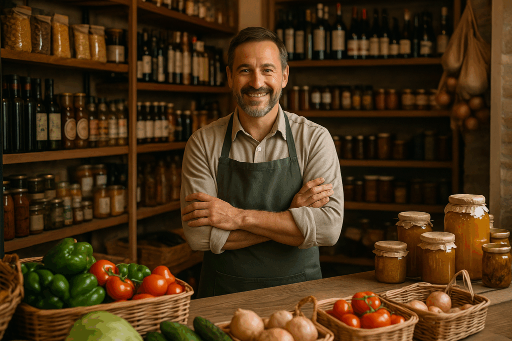Portrait chaleureux d’un épicier souriant dans sa boutique artisanale, entouré de légumes frais, bocaux et produits locaux, ambiance authentique et lumineuse.
