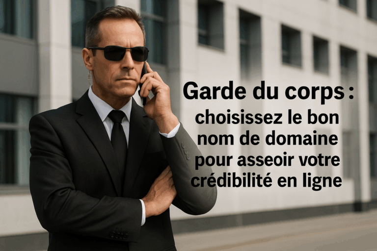 Un garde du corps en costume noir au téléphone, debout devant un immeuble moderne, illustrant le sérieux d’une présence numérique professionnelle.