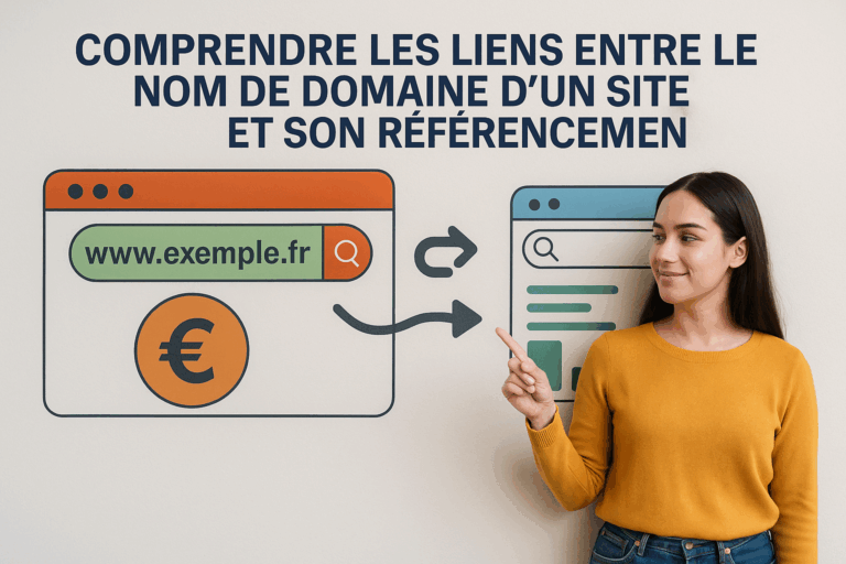 Jeune femme expliquant la relation entre nom de domaine d'un site web et son positionnement SEO, avec exemples visuels d'interface utilisateur