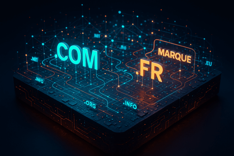 Illustration futuriste de noms de domaine (.COM, .FR, .MARQUE, .DE) en néons colorés sur un réseau numérique lumineux, représentant le marché mondial des noms de domaine en 2024.