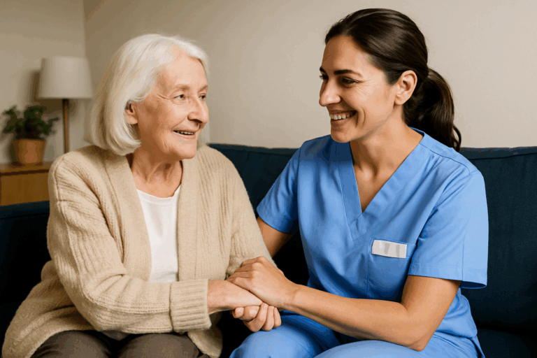 Une aide-soignante souriante en tenue bleue tient la main d'une personne âgée assise à ses côtés sur un canapé, illustrant un moment de confiance et de bienveillance à domicile.